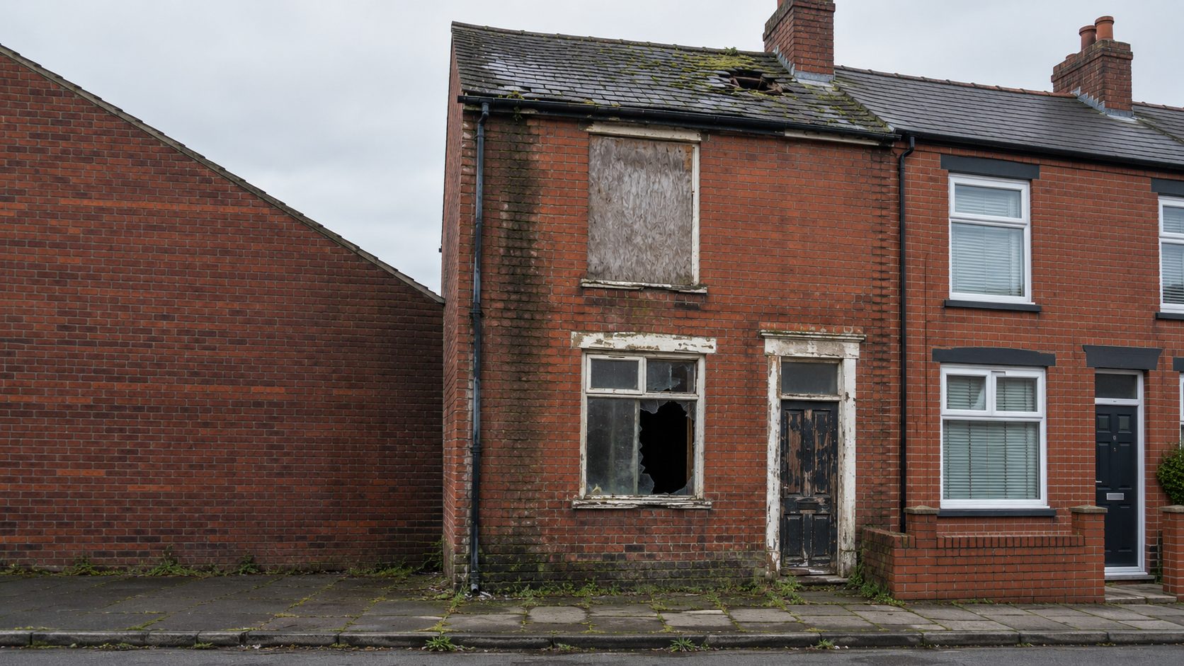 Run-down end-terrace house before refurbishment (illustrative image)