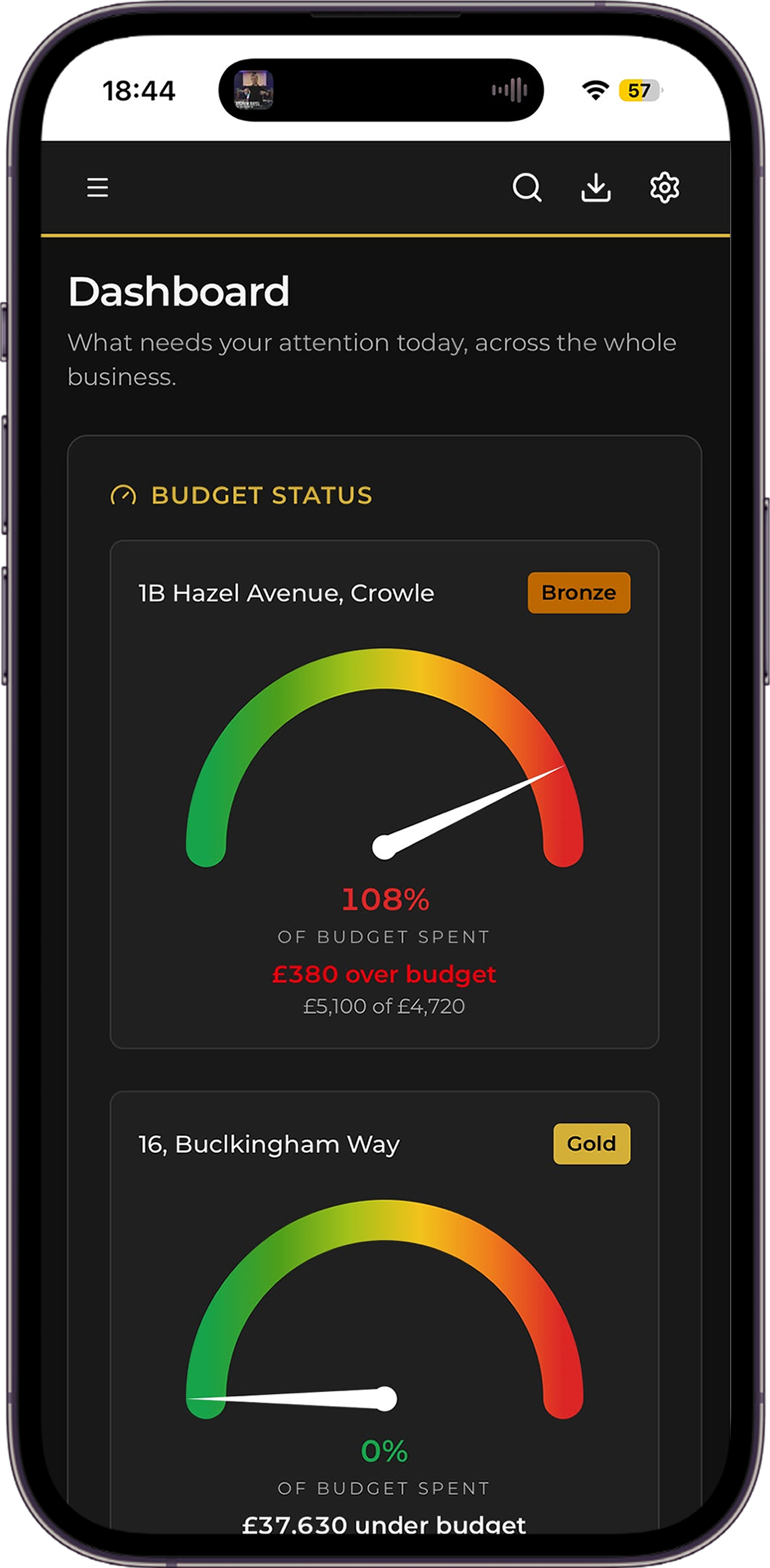 Dashboard screen showing live budget status gauges per project
