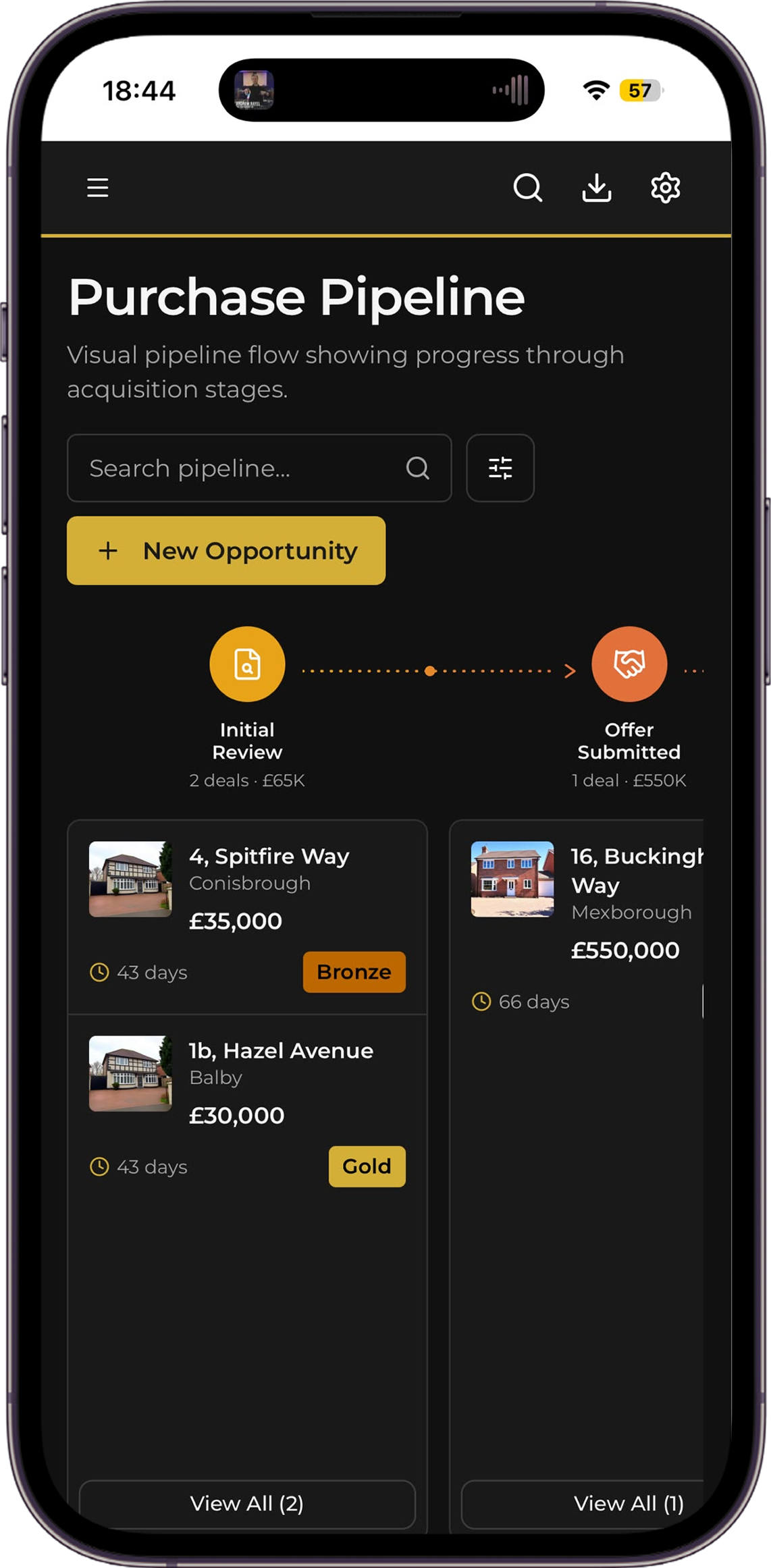 Purchase Pipeline screen showing acquisition stages with deal values and days in stage